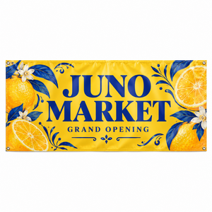 Custom 13 oz vinyl banner with hemmed edges and corner grommets, Juno Market sample design