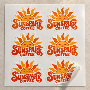 Sample full-color die-cut white-vinyl coffee logo stickers