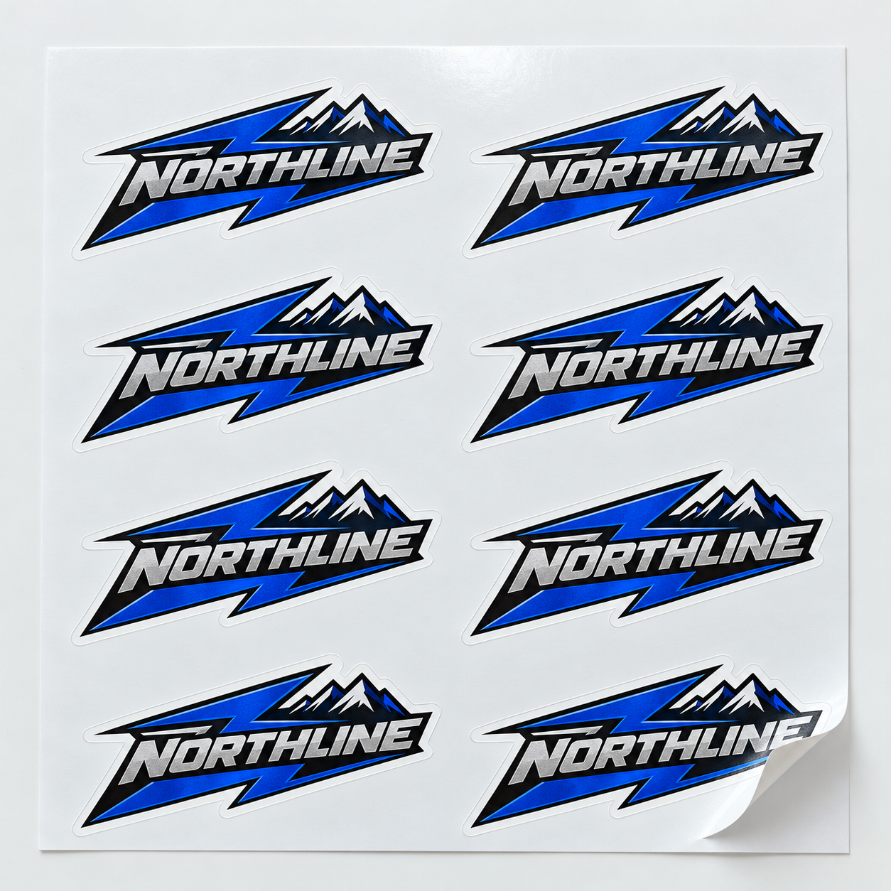 Sample full-color die-cut white-vinyl blue logo stickers