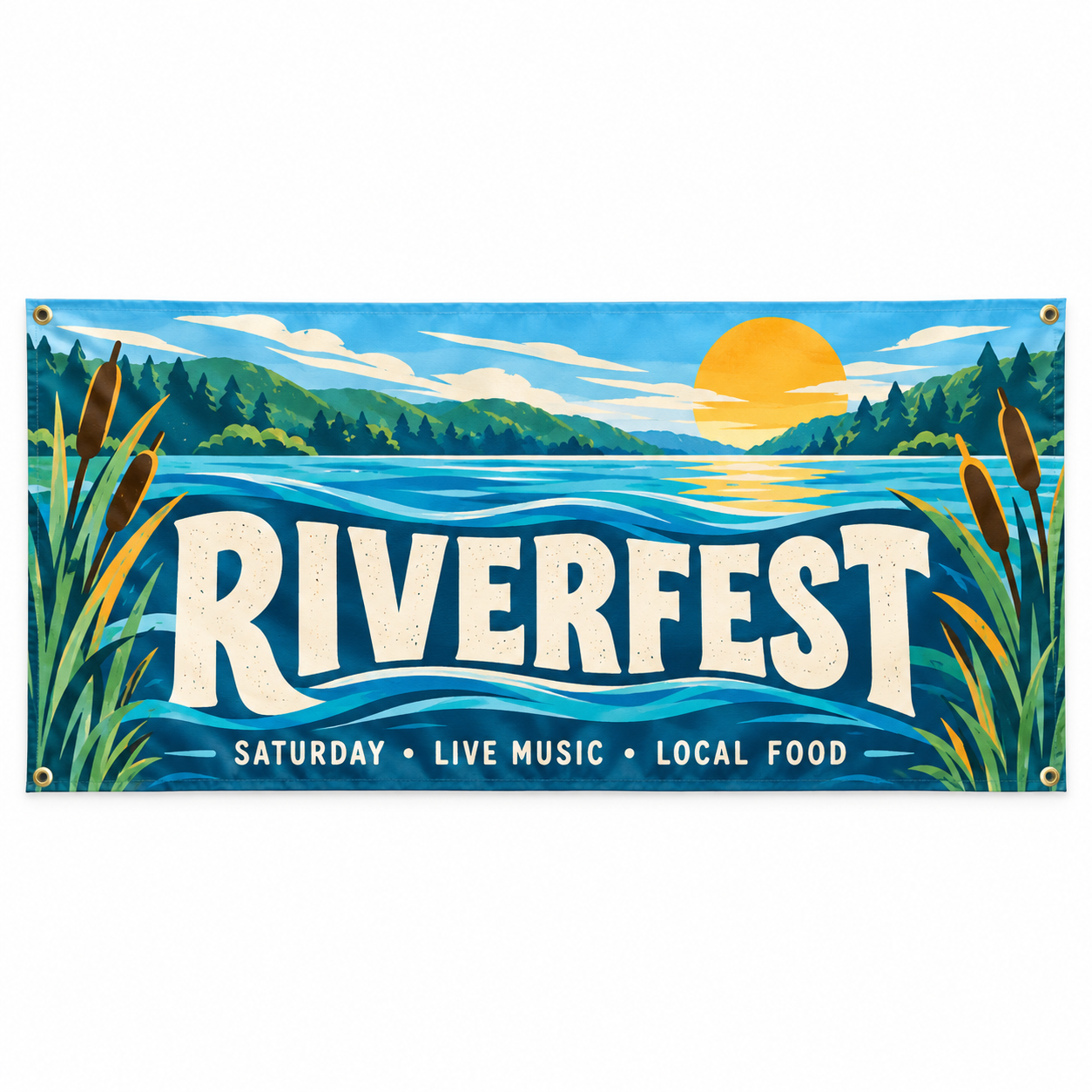 Custom hemmed vinyl banner with corner grommets, colorful Riverfest sample design